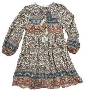 R.Vivimos Boho Floral Paisley Mini Dress Orange Blue Tassel XS New Model 157
